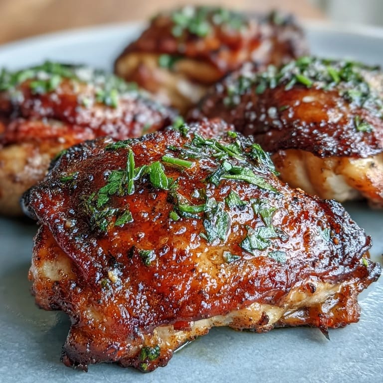 Savory Crispy Baked Bone-In Chicken Thighs plated with roasted vegetables and fresh parsley garnish for dinner.