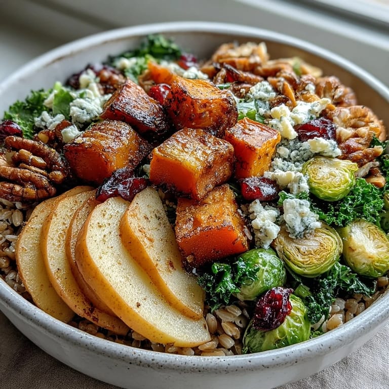 A nourishing fall vegetable bowl features vibrant roasted vegetables, tender grains, and a sprinkle of pumpkin seeds and cranberries for a cozy meal.