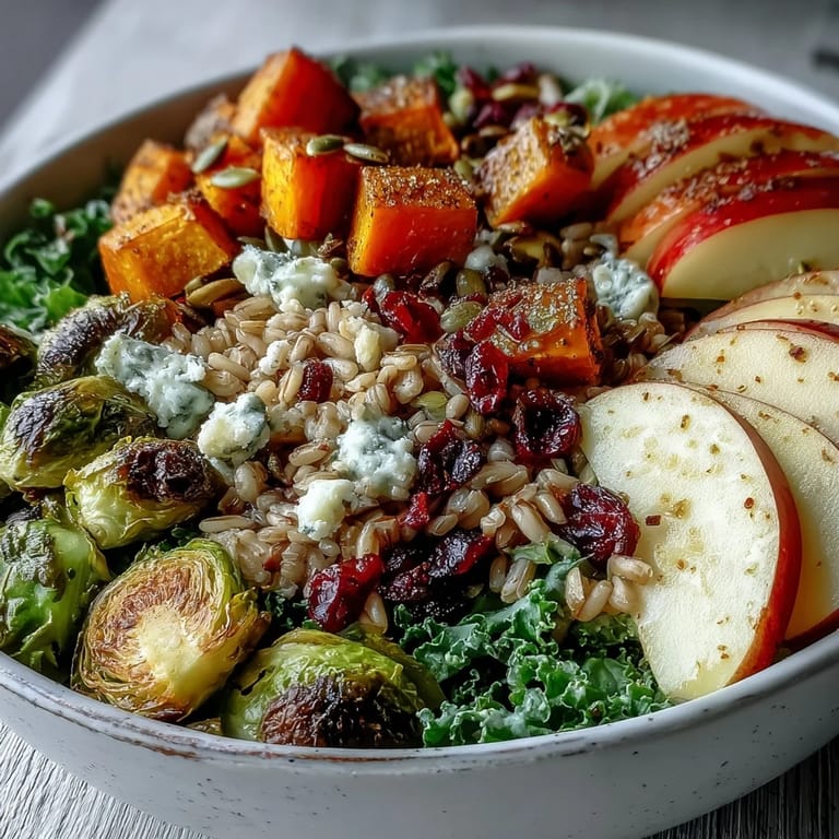 Golden apples and toasted pepitas garnish a hearty autumn bowl filled with kale, farro, and smoked paprika-seasoned squash and Brussels sprouts.