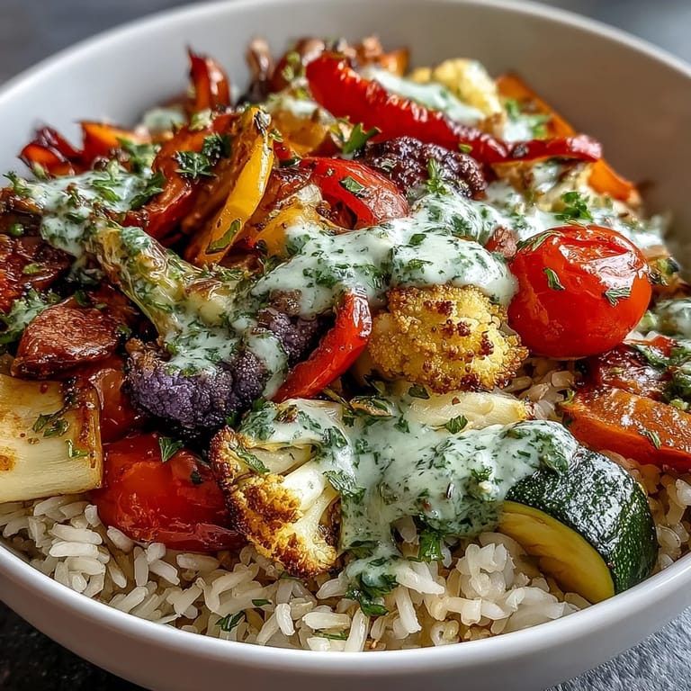 Rainbow roasted vegetable bowl served with a lemony herb drizzle, ready to enjoy with a fork.