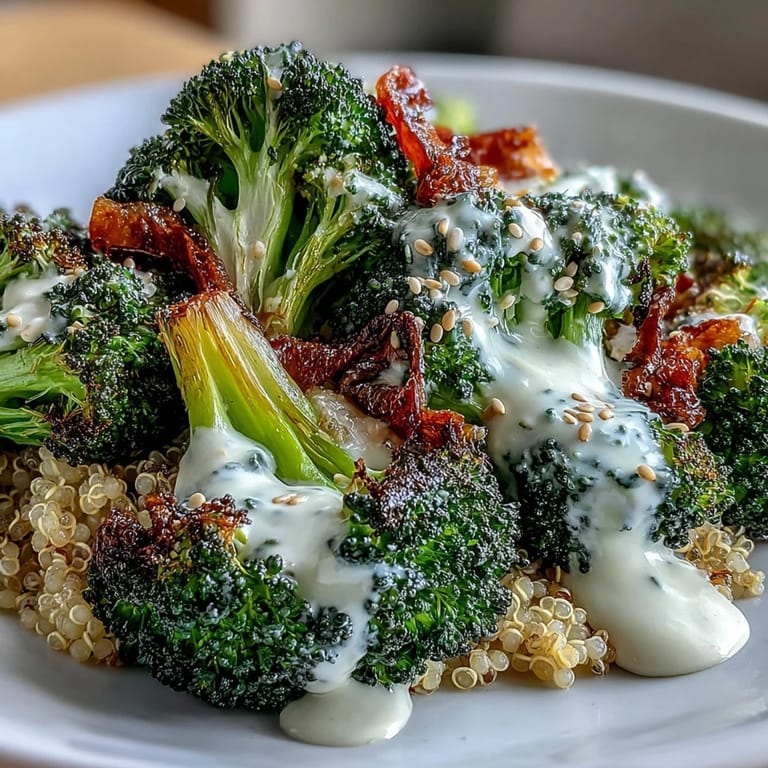 Savory Roasted Broccoli Bowl with golden broccoli and red onion, drizzled with lemony tahini sauce for a nutritious meal.