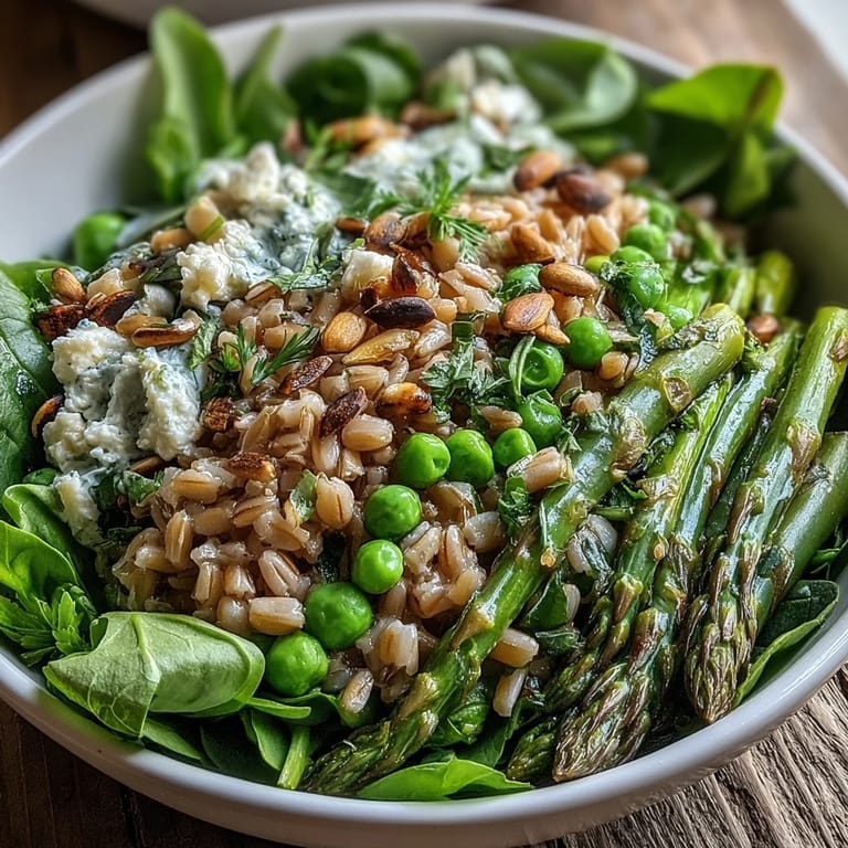 The finished Spring Green Bowl with optional feta and pumpkin seeds, perfect for a light, plant-based dinner.