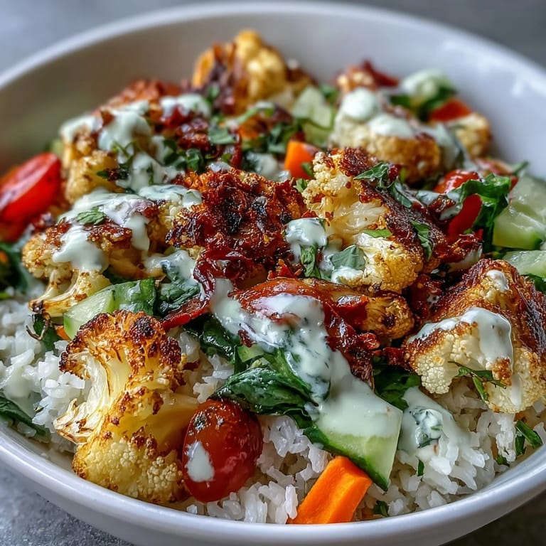 Nourishing Roasted Cauliflower Bowl featuring crispy cauliflower florets, colorful veggies, and a zesty lemon-tahini drizzle.