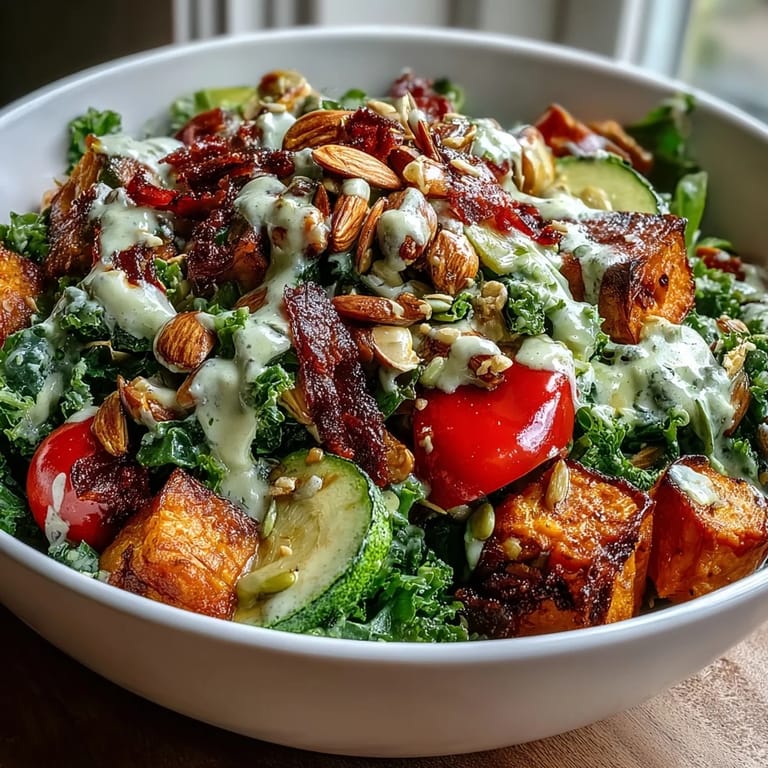 Colorful, nourishing Kale Salad Bowl topped with cherry tomatoes, almonds, and sunflower seeds, perfect for a healthy lunch.
