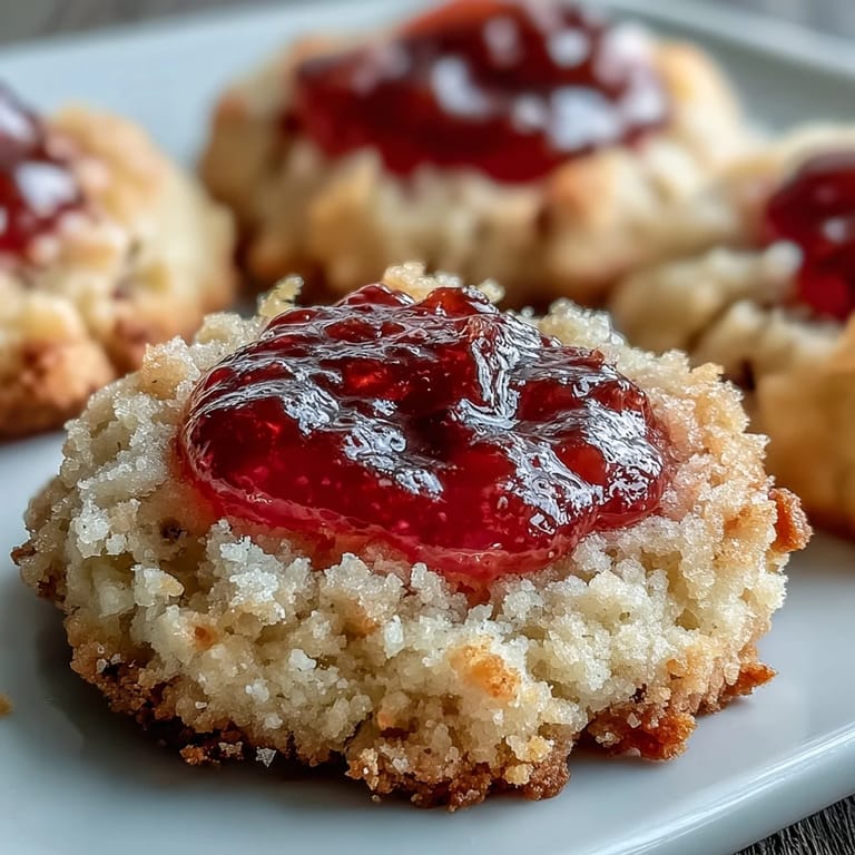 Two Guava Jam Thumbprint Cookies rest on a wooden board, one perfectly bitten to reveal a soft, buttery interior with sweet-tart jam.