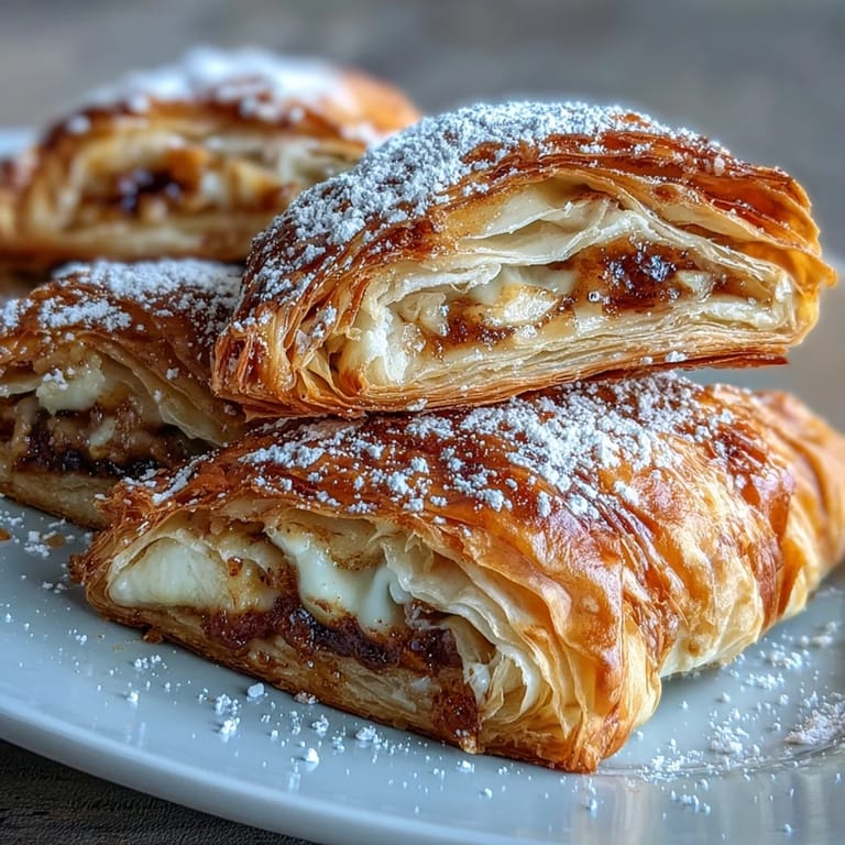 Eight warm Guava Cheese Pastries dusted with powdered sugar, perfectly paired with a steaming cup of coffee for an afternoon treat.