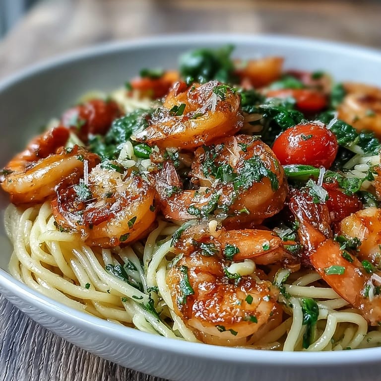 Colorful spring pasta dish with tender angel hair, plump shrimp, and crisp snap peas simmered in fragrant garlic and white wine.