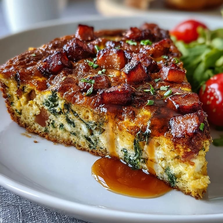 Savory ham and cheese frittata with tender vegetables, baked in a skillet for a hearty, protein-rich breakfast or brunch.