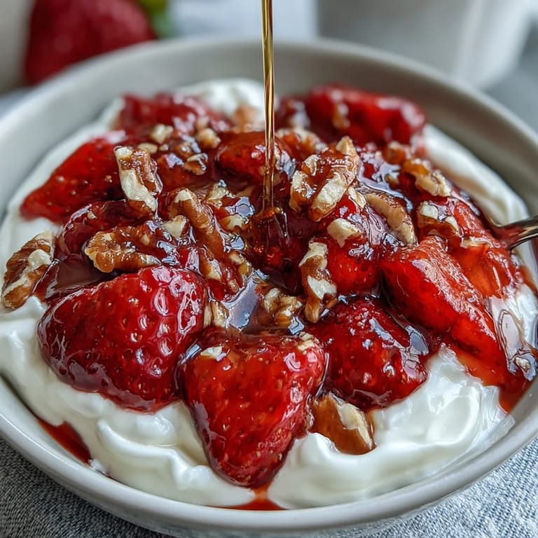 Homemade strawberry compote drizzled over thick Greek yogurt, garnished with honey and mint leaves.