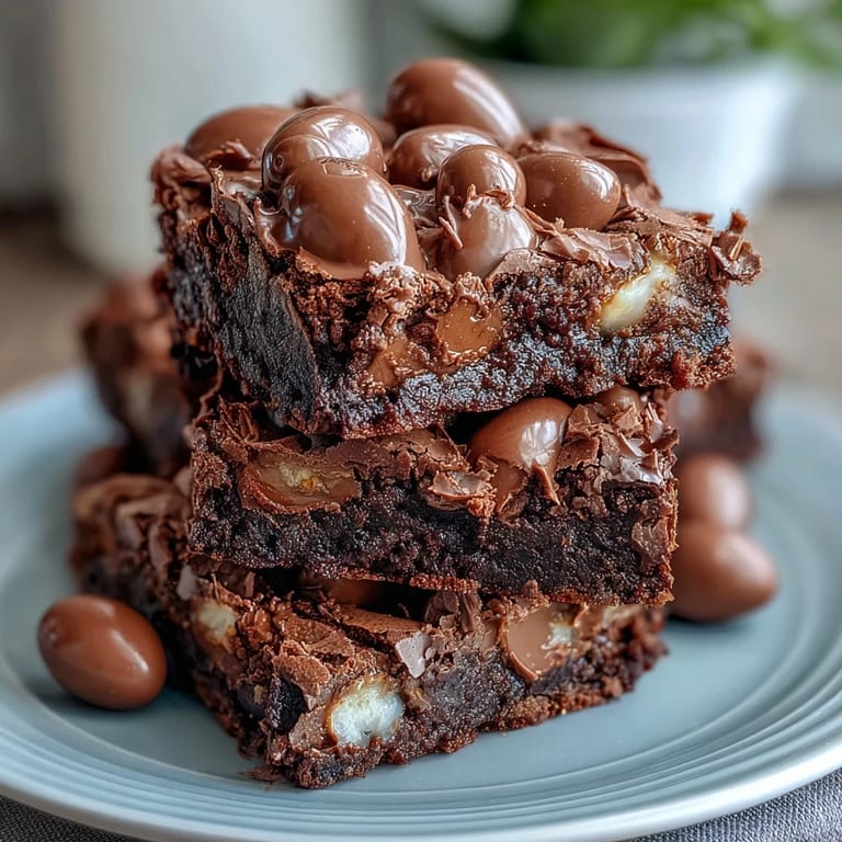 Chocolate brownies loaded with Cadbury mini eggs, topped with a crunchy cocoa crumble for texture and flavor.