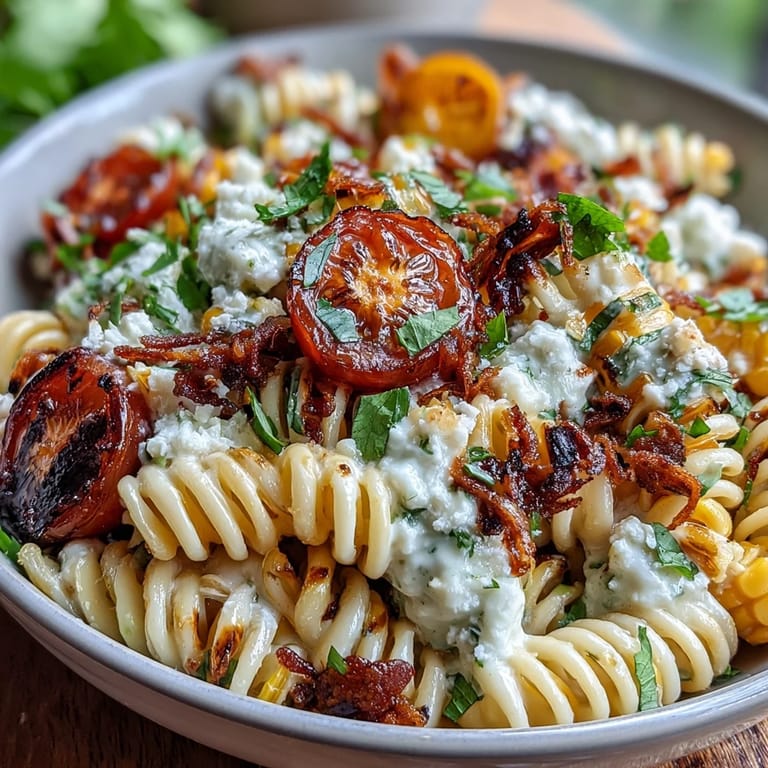 Creamy Mexican Street Corn Elote Pasta Salad featuring charred corn, fresh cilantro, and tangy lime dressing. A flavorful vegetarian side dish.