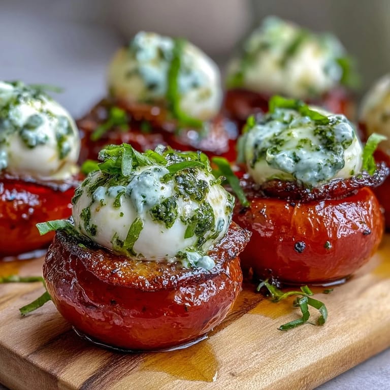 Vibrant Caprese skewers featuring ripe tomatoes, soft mozzarella, and fragrant basil leaves, finished with a zesty pesto drizzle.