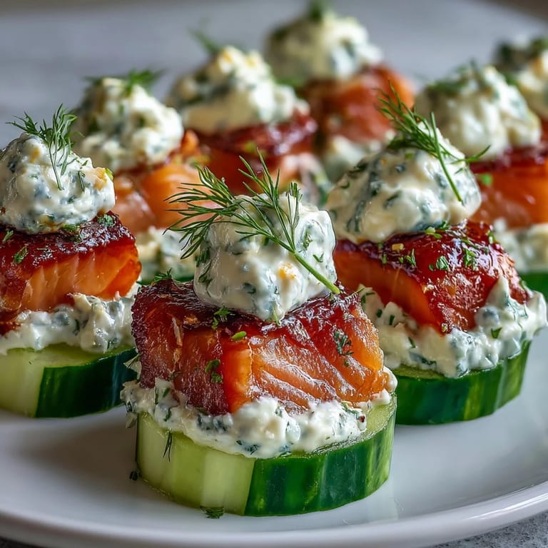 Elegant cucumber rounds topped with creamy cheese, smoked salmon, and a sprinkle of fresh herbs for a refreshing appetizer.