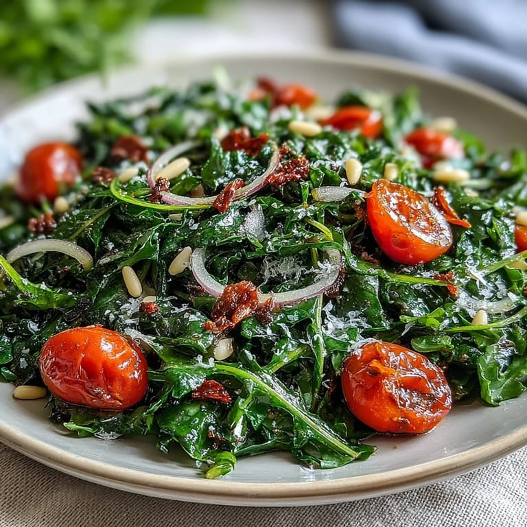 Crisp dandelion greens paired with tangy lemon dressing, Parmesan curls, and toasted pine nuts in a refreshing Mediterranean salad.