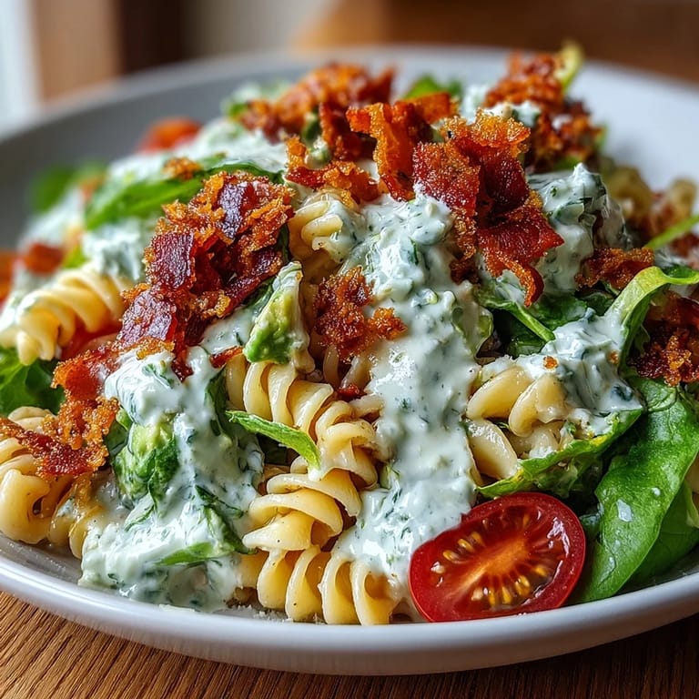 Fresh BLT Pasta Salad with Juicy Tomatoes, Crunchy Lettuce, and Rich Avocado Ranch