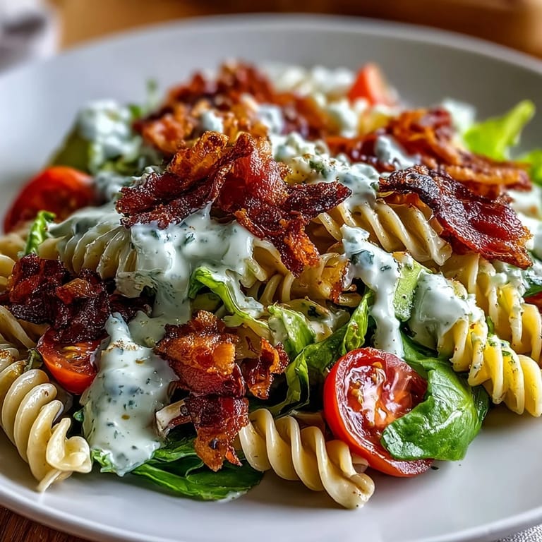 Vibrant BLT Pasta Salad Featuring Bacon, Cherry Tomatoes, and Smooth Avocado Ranch Dressing