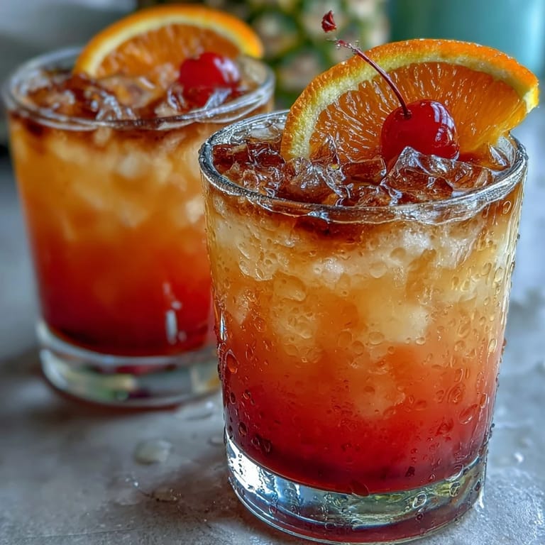 Non-alcoholic Ombre Sunrise Mocktail with Grenadine, a colorful citrus drink with sweet grenadine syrup and fizzy finish, garnished with fresh orange and cherry.
