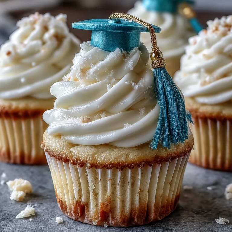 Adorable Graduation Cupcakes with Cap Fondant Toppers: Soft vanilla cupcakes frosted with fluffy buttercream and finished with handmade fondant mortarboards, ideal for graduation parties.