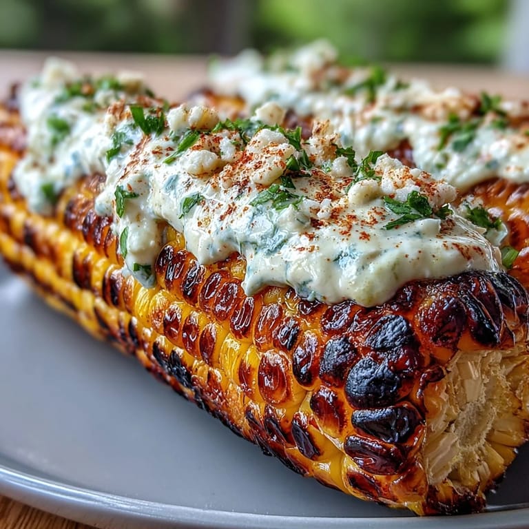 Charred corn drizzled with rich elote sauce, dusted with chili and cheese, and garnished with fresh cilantro for authentic Mexican flavor.
