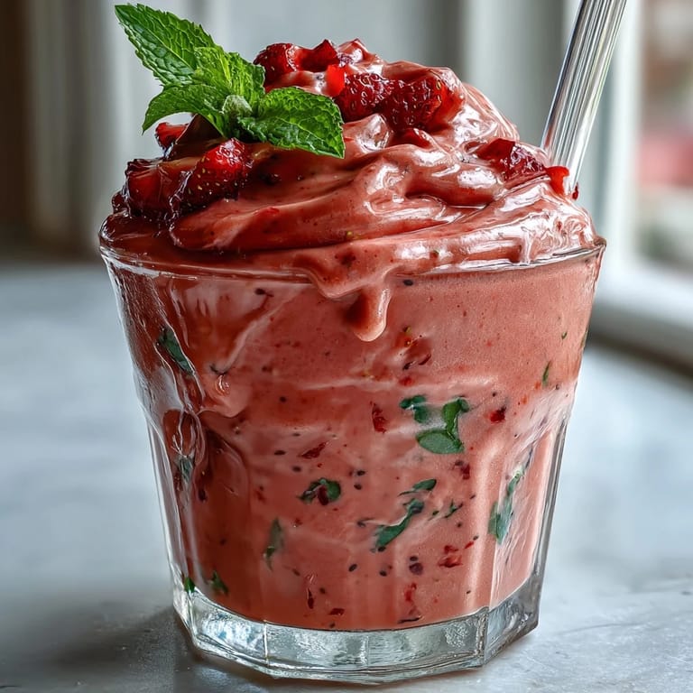 Quick, blended Strawberry Spinach Smoothie boasting bright red and green colors.