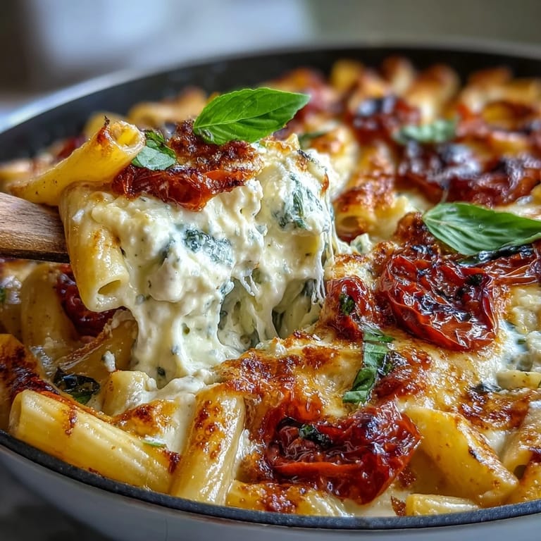 Golden baked feta cheese melts into a rich sauce with bursting cherry tomatoes and aromatic basil leaves.