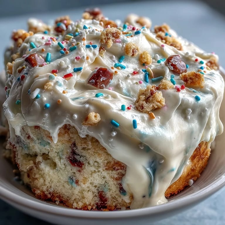Vibrant funfetti cake layered with smooth dip, decorated with festive sprinkles for a birthday party treat.