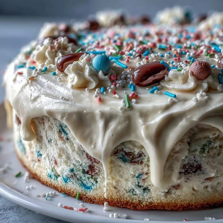Fluffy layers of funfetti cake frosted with rich dip and topped with cheerful spring sprinkles.  