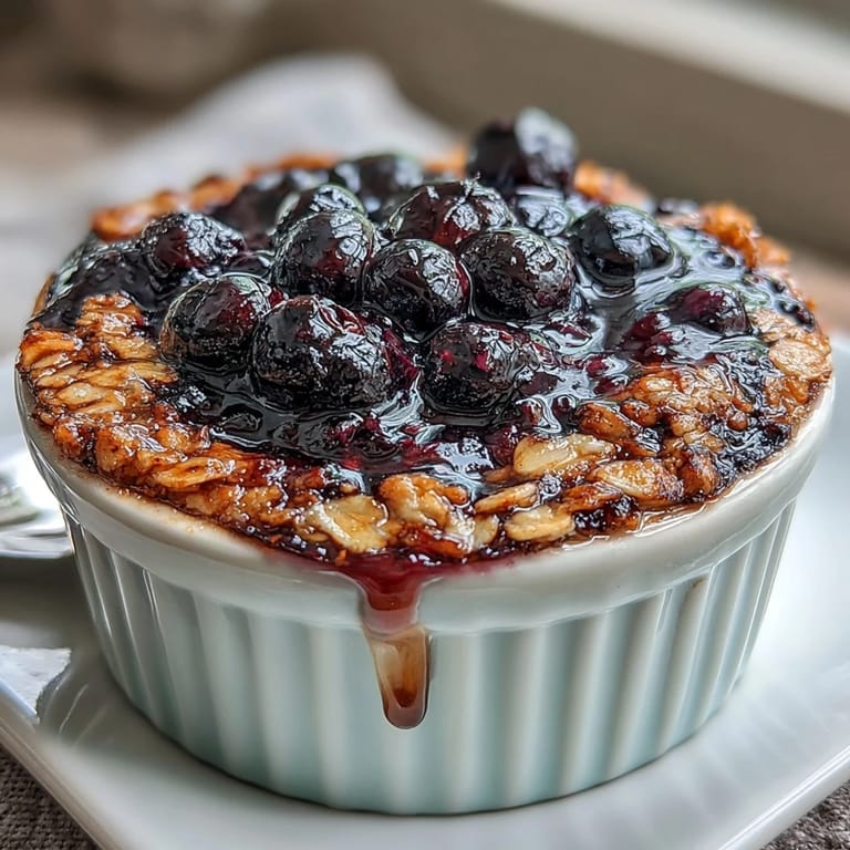 Juicy blueberries bake into comforting single-serve oats, a healthy breakfast option.
