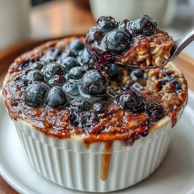 Golden brown blueberry baked oats, ready to be drizzled with maple syrup.