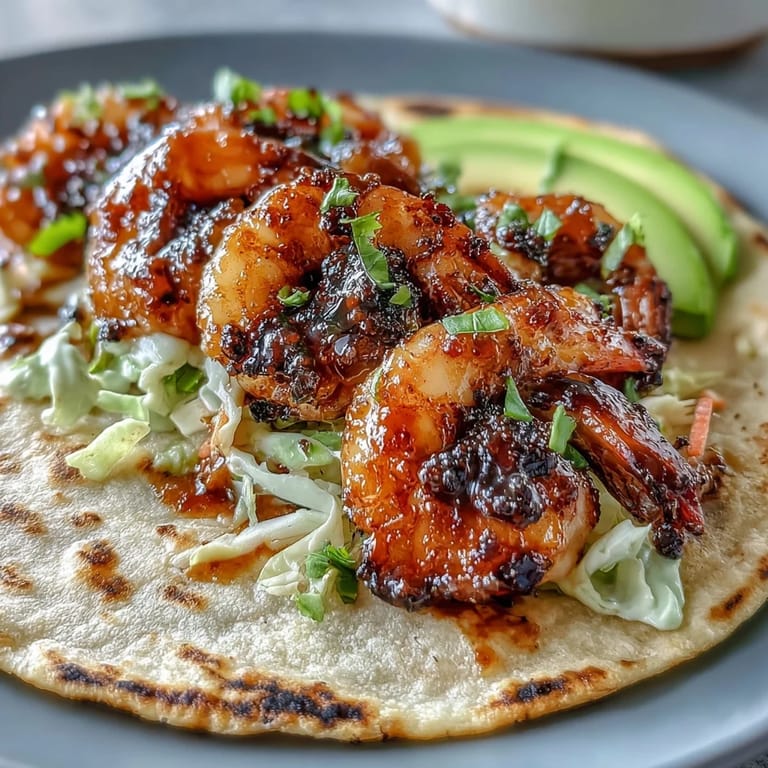 Tender honey garlic shrimp tacos piled high with crunchy slaw on warm tortillas.