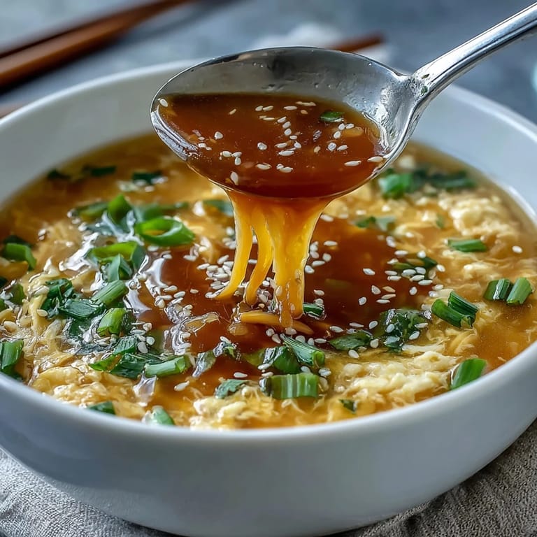 Comforting homemade egg drop soup, vibrant green scallions scattered over delicate egg wisps.