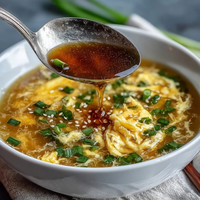 Easy homemade egg drop soup, glossy broth swirls with tender egg strands, ready to enjoy.