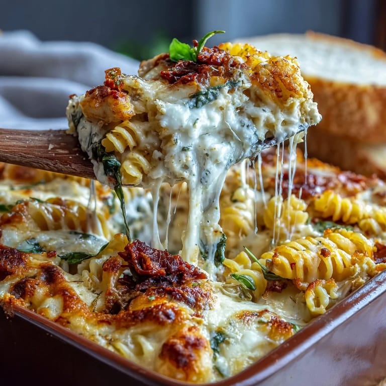 Comforting baked pasta dish with vibrant sun-dried tomatoes, served warm.