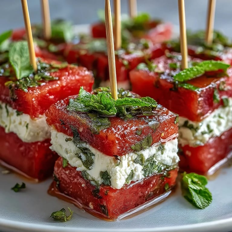 Colorful watermelon feta bites, sweet, salty, and cool summer appetizer.