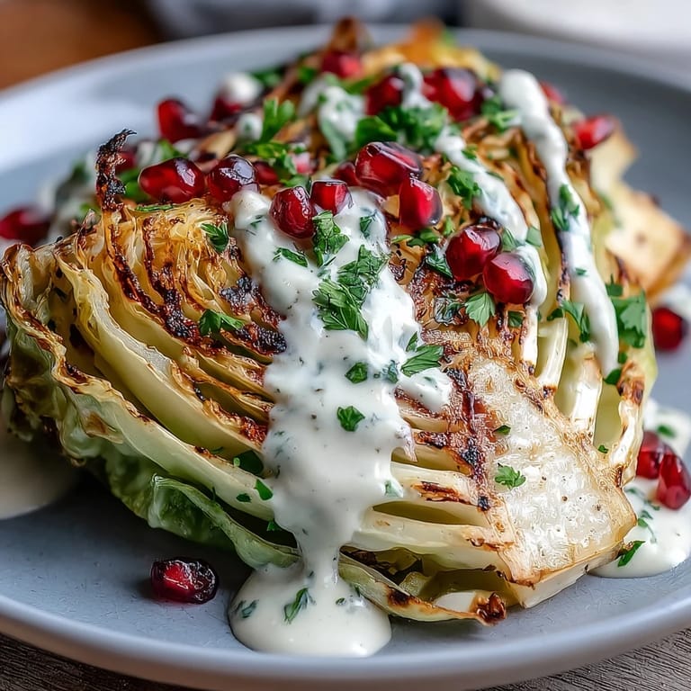 Delicious grilled cabbage wedges topped with creamy tahini, pomegranate, and parsley.