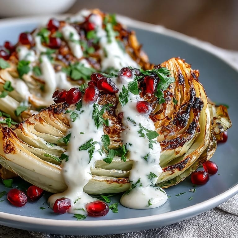 Charred grilled cabbage wedges drizzled with tahini sauce, perfect for grilling season.