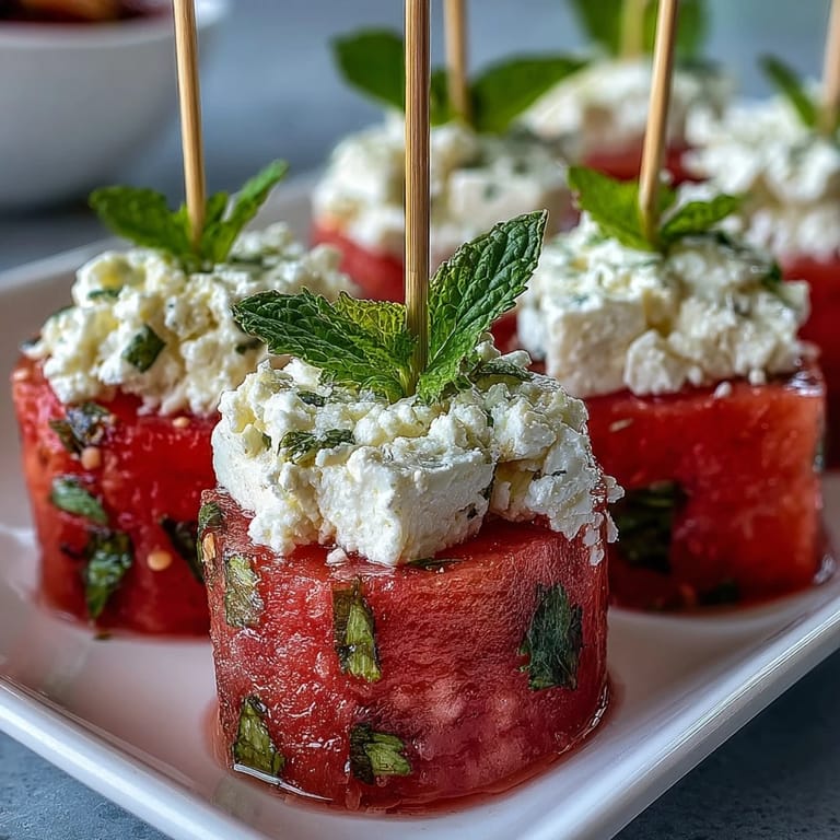 Easy watermelon feta bites stacked with mint, a perfect party appetizer.