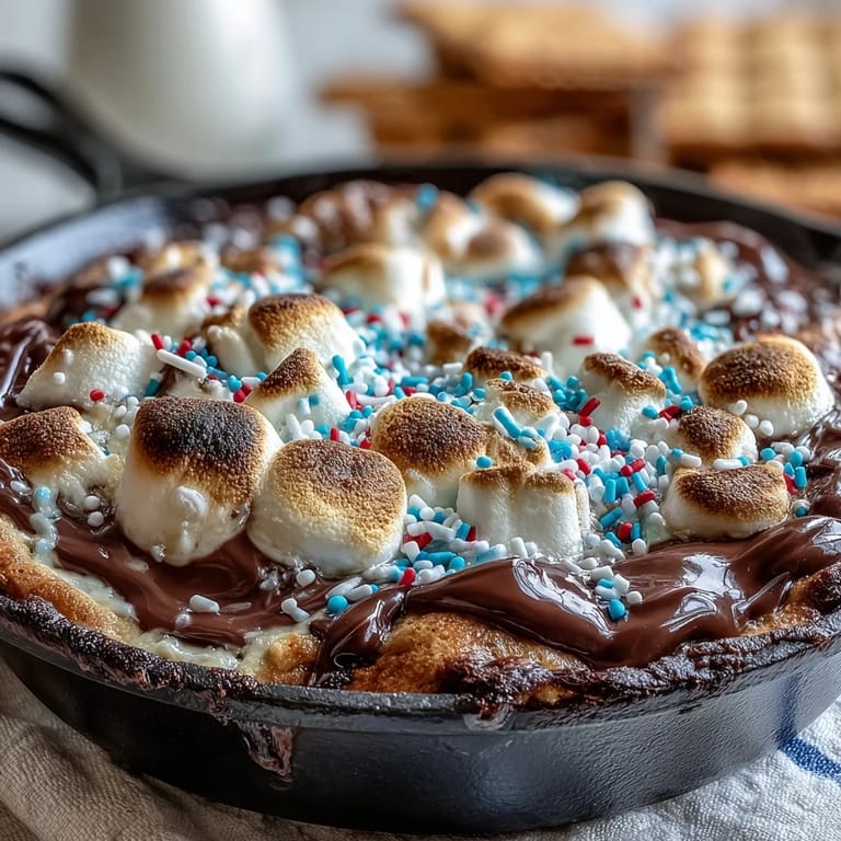 Festive 3-ingredient S'mores Dip in cast iron, bubbling golden marshmallows over chocolate.