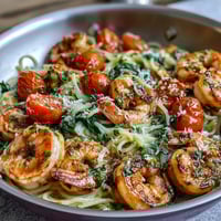 Vibrant One-Pot Garlic Shrimp with Angel Hair pasta, bursting with juicy shrimp, fresh vegetables, and zesty lemon sauce.