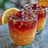 Ombre Sunrise Mocktail with Grenadine, a vibrant layered drink with citrus and grenadine, served over ice with orange and cherry garnish.