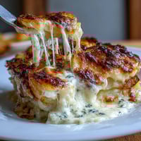 Creamy Au Gratin Potatoes with golden cheese bubbling over tender layers of Yukon Gold potatoes baked in rich garlic cream sauce.
