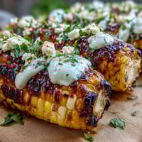 Grilled corn on the cob topped with creamy elote sauce, Cotija cheese, and chili powder for a vibrant Mexican street food treat.