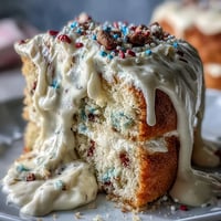 A colorful funfetti cake with creamy dip and rainbow sprinkles, perfect for spring birthday celebrations.  