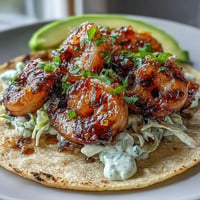 Juicy honey garlic shrimp tacos, vibrant with slaw, ready for a zesty lime crema.