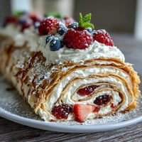 Beautiful Crepe Roll Cake with fresh berries and creamy filling.
