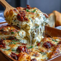 Golden brown Sun-Dried Tomato Pasta Bake with melted cheese and fresh basil.