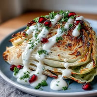 Grilled cabbage wedges with tahini sauce, a smoky, vibrant, and healthy vegan appetizer.