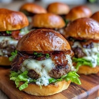 Juicy Father's Day grilled bacon burger sliders with melted cheese and crisp toppings.