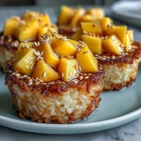 Golden Coconut Mango Sticky Rice Cups with fresh, sweet mango topping.